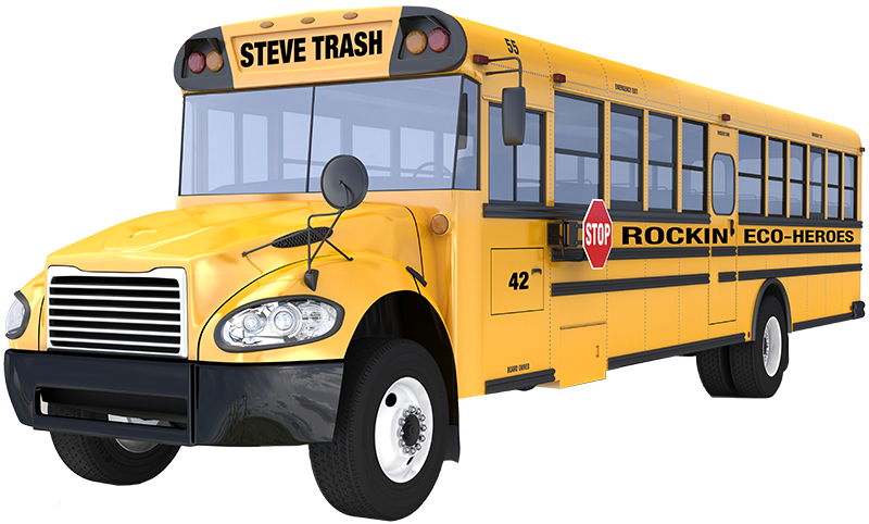 A YELLOW SCHOOL BUS WITH STEVE TRASH LOGO ON THE FRONT.